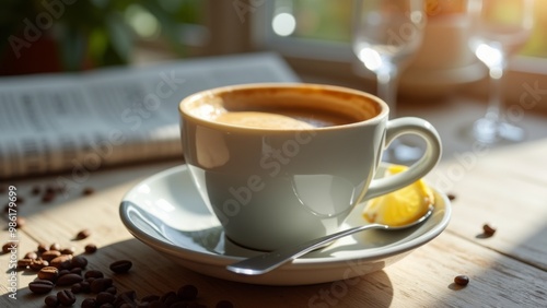 Generative AI, a cup of coffee with a heart shaped pattern on it and a spoon on a saucer next to a cup of coffee, morning, a stock photo, art photography 