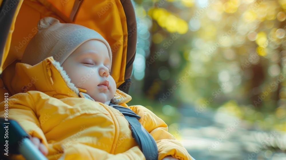 Baby sleeping in a stroller during a walk in the park Baby sleeping in a stroller during a walk in the park