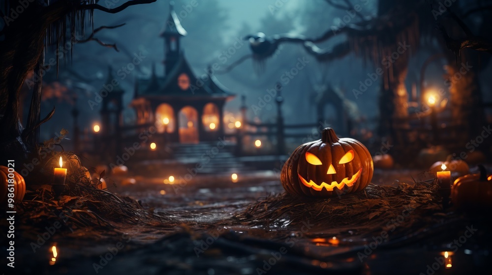 A Halloween scene with a pumpkin with a scary face and a house in the background. Scene is spooky and eerie A Halloween scene with a pumpkin with a scary face and a house in the background. Scene is spooky and eerie