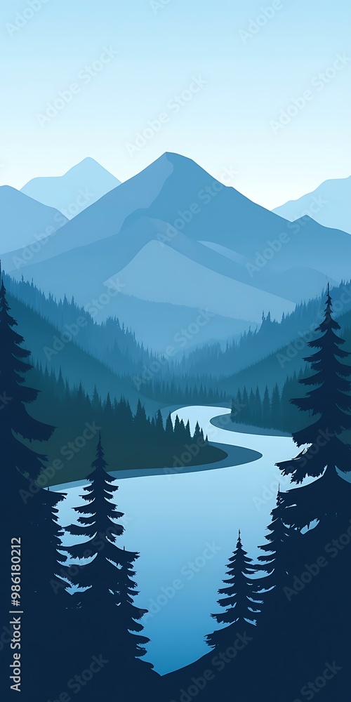 Fototapeta premium Blue Mountain Landscape Illustration