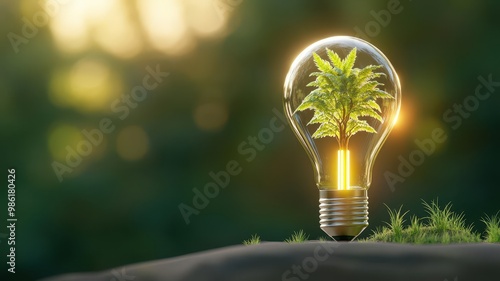 A lightbulb with a small tree growing inside, representing sustainable energy.