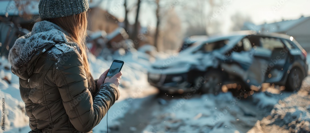 Person holding cracked phone capturing a car accident scene on a snowy road. Person holding cracked phone capturing a car accident scene on a snowy road.