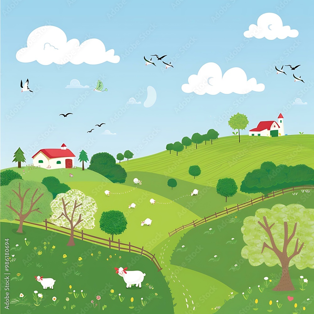 Farm Landscape With Sheep And Birds Farm Landscape With Sheep And Birds