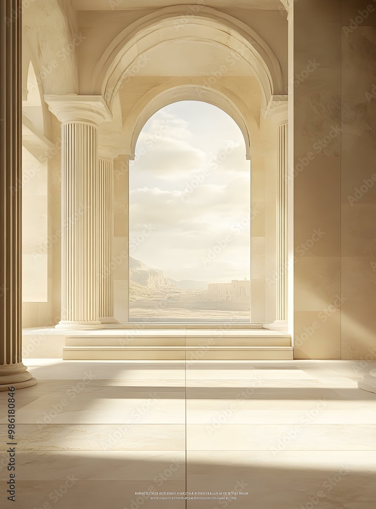 Archway View of Desert Landscape Through Ancient Roman Style Architecture Archway View of Desert Landscape Through Ancient Roman Style Architecture