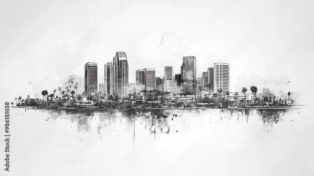 Fototapeta premium Chula Vista, California, black and white pen pencil hand-drawn effect drawing illustration for travel poster, card, wallpaper, backdrop or banner. Modern, clear, artistic and simple