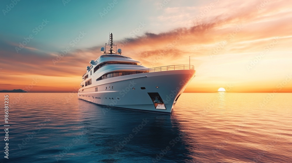 Luxury yacht sailing on calm waters with sunset and sky in the background. Luxury yacht sailing on calm waters with sunset and sky in the background.