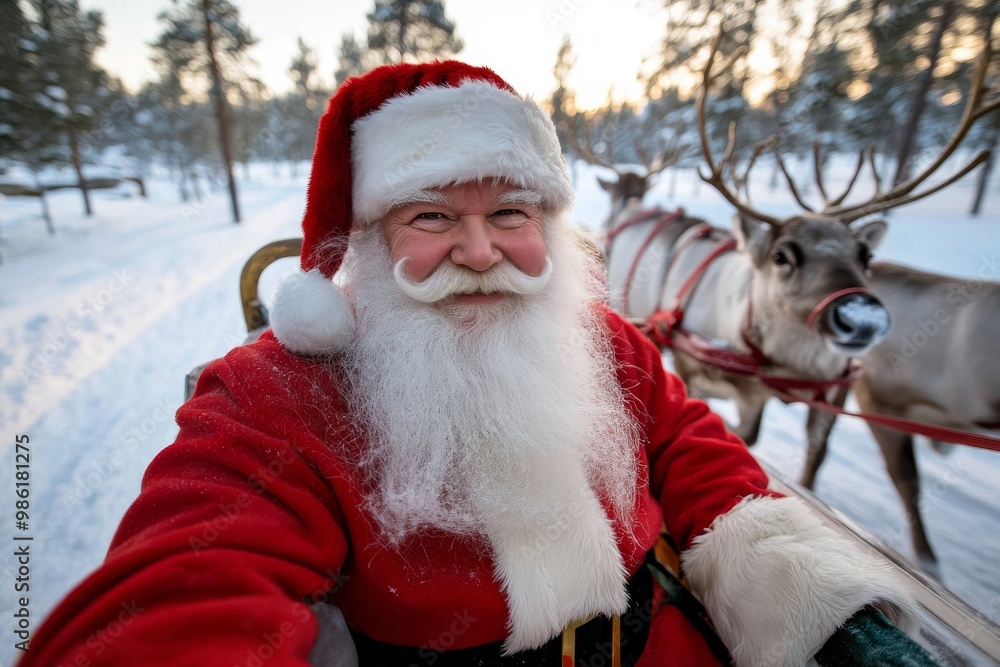 Santa's Joyride: A heartwarming portrait of Santa Claus, his eyes twinkling with merriment, as he embarks on a snowy sleigh ride through a picturesque winter wonderland, his loyal reindeer leading. Santa's Joyride: A heartwarming portrait of Santa Claus, his eyes twinkling with merriment, as he embarks on a snowy sleigh ride through a picturesque winter wonderland, his loyal reindeer leading.