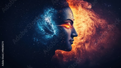 Shiva surrounded by swirling galaxies and stars, his third eye glowing with the power to destroy and renew, Shiva, cosmic destroyer, divine power