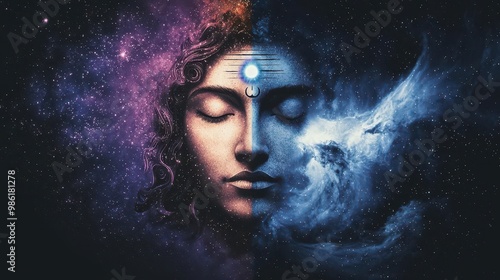 Shiva surrounded by swirling galaxies and stars, his third eye glowing with the power to destroy and renew, Shiva, cosmic destroyer, divine power
