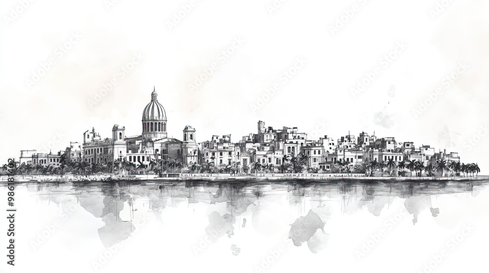 Obraz premium Ciego de vila, Cuba, black and white pen pencil hand-drawn effect drawing illustration for travel poster, card, wallpaper, backdrop or banner. Modern, clear, artistic and simple