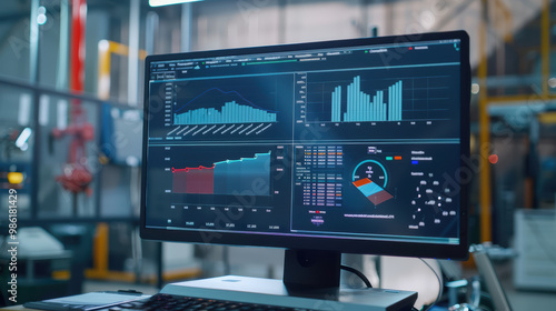 image showcases modern computer monitor displaying various data visualizations, including graphs and charts, in high tech industrial environment. vibrant colors and detailed analytics suggest focus o