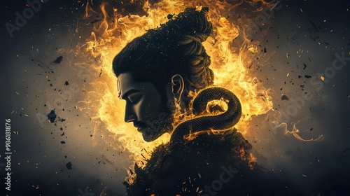 Shiva with his snake Vasuki wrapped around him, surrounded by swirling flames, symbolizing the end of time, Shiva, destroyer, end of time photo