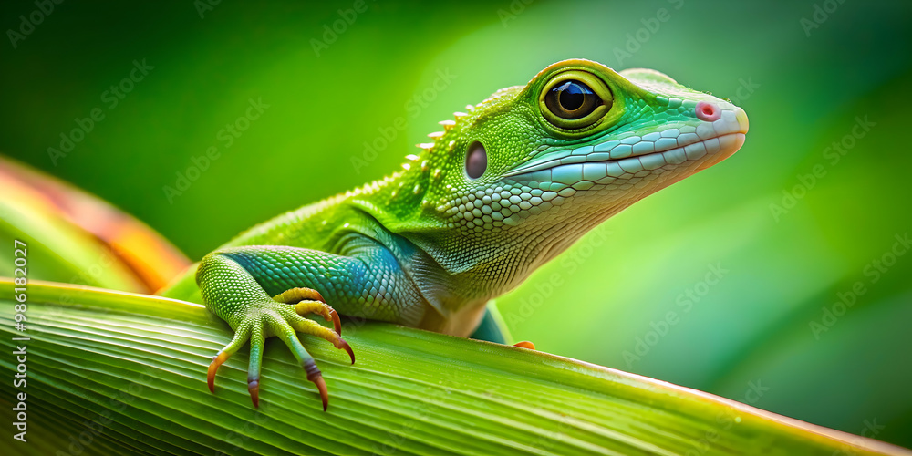 Fototapeta premium Green lizard perched on a vibrant leaf, lizard, green, reptile, nature, wildlife, tropical, exotic, scales, camouflage, leaf