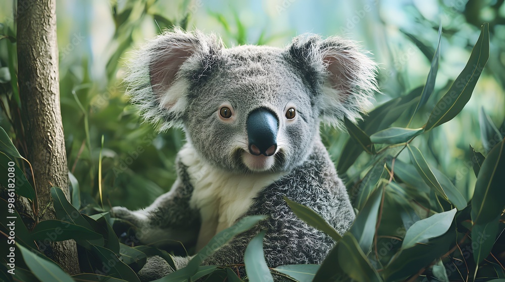 Fototapeta premium Koala sitting in eucalyptus leaves in natural habitat. Wildlife, Australian animals and biodiversity