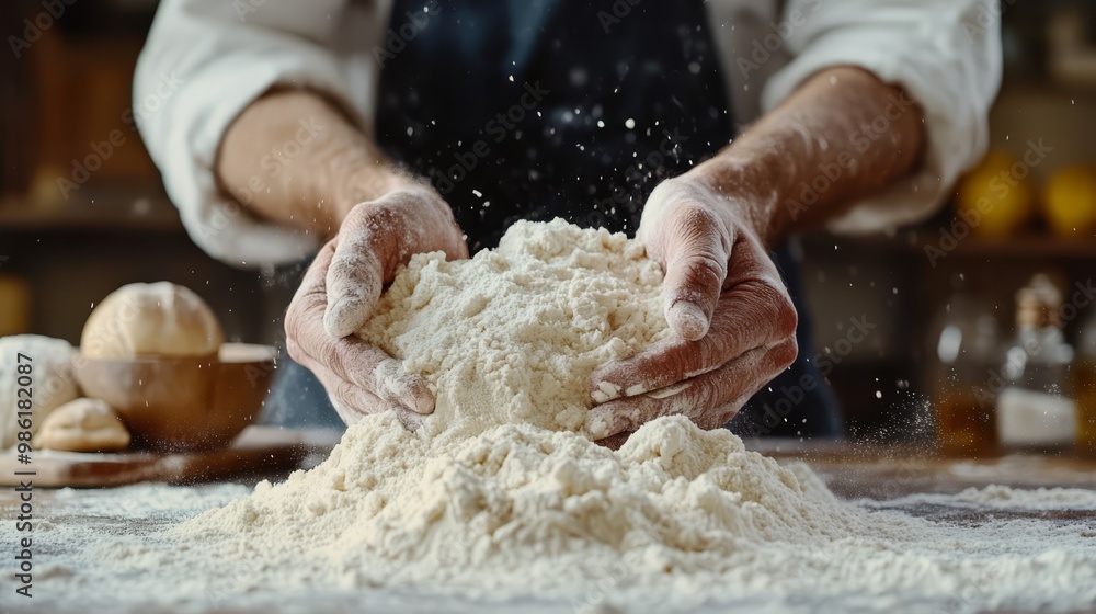 A cheerful baker joyfully kneading flour on a wooden countertop in a cozy kitchen filled with warm light A cheerful baker joyfully kneading flour on a wooden countertop in a cozy kitchen filled with warm light