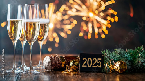 Sparkling Celebration: 2025 - Four champagne flutes, brimming with bubbly, set the stage for a luminous New Year's Eve celebration, complete with festive decor and the promise of a bright 2025. 