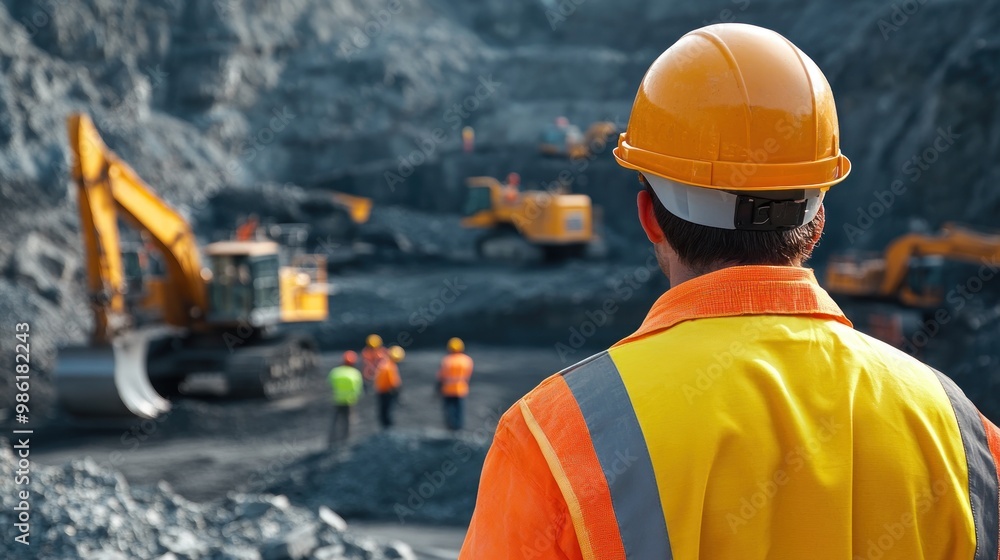 Construction worker in yellow vest looking at heavy machinery in a quarry. Construction worker in yellow vest looking at heavy machinery in a quarry.