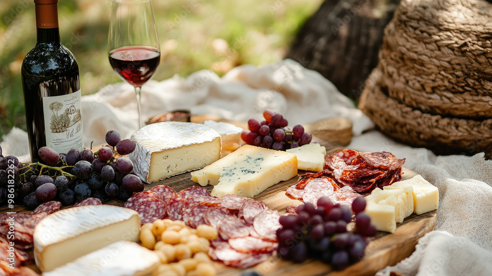 A rustic picnic setup with a charcuterie board featuring cheeses, cured meats, grapes, and wine in an outdoor setting. A rustic picnic setup with a charcuterie board featuring cheeses, cured meats, grapes, and wine in an outdoor setting.