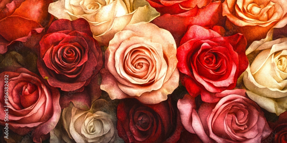 A beautiful arrangement of roses in various colors. The image showcases delicate petals and vivid hues. Perfect for floral themes and designs. This vibrant photo adds elegance to any project. AI A beautiful arrangement of roses in various colors. The image showcases delicate petals and vivid hues. Perfect for floral themes and designs. This vibrant photo adds elegance to any project. AI