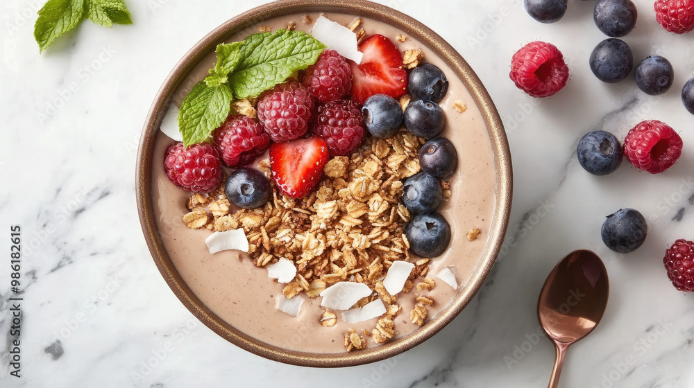 A smoothie bowl topped with granola, coconut flakes, and fresh berries, presented on a marble countertop. A smoothie bowl topped with granola, coconut flakes, and fresh berries, presented on a marble countertop.