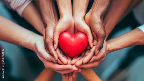 Hands holding small red heart. United diversity or multi-cultural partnership in a group	 photo