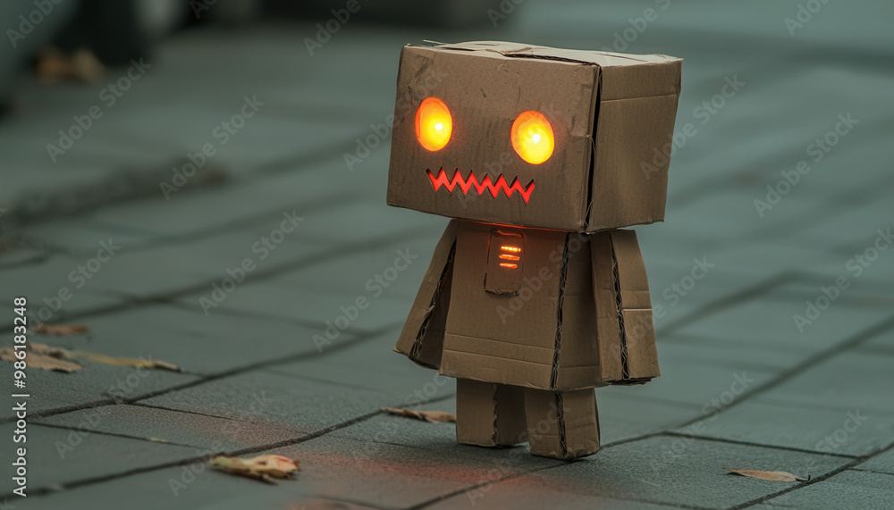 A child in a DIY robot costume made of cardboard boxes and colorful lights, walking down a street on Halloween night, in watercolor A child in a DIY robot costume made of cardboard boxes and colorful lights, walking down a street on Halloween night, in watercolor
