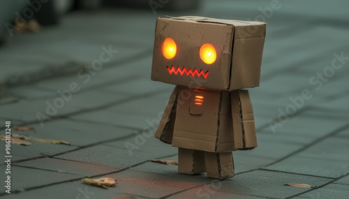 A child in a DIY robot costume made of cardboard boxes and colorful lights, walking down a street on Halloween night, in watercolor photo