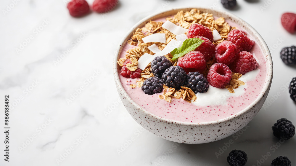 A smoothie bowl topped with granola, coconut flakes, and fresh berries, presented on a marble countertop. A smoothie bowl topped with granola, coconut flakes, and fresh berries, presented on a marble countertop.