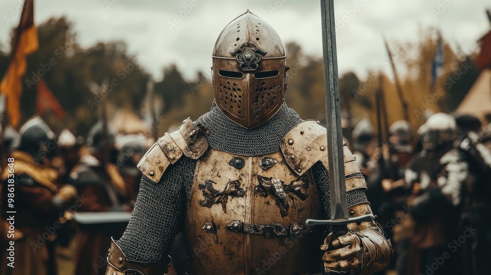 A medieval knight in full armor, holding a sword, stands ready for battle. A medieval knight in full armor, holding a sword, stands ready for battle.
