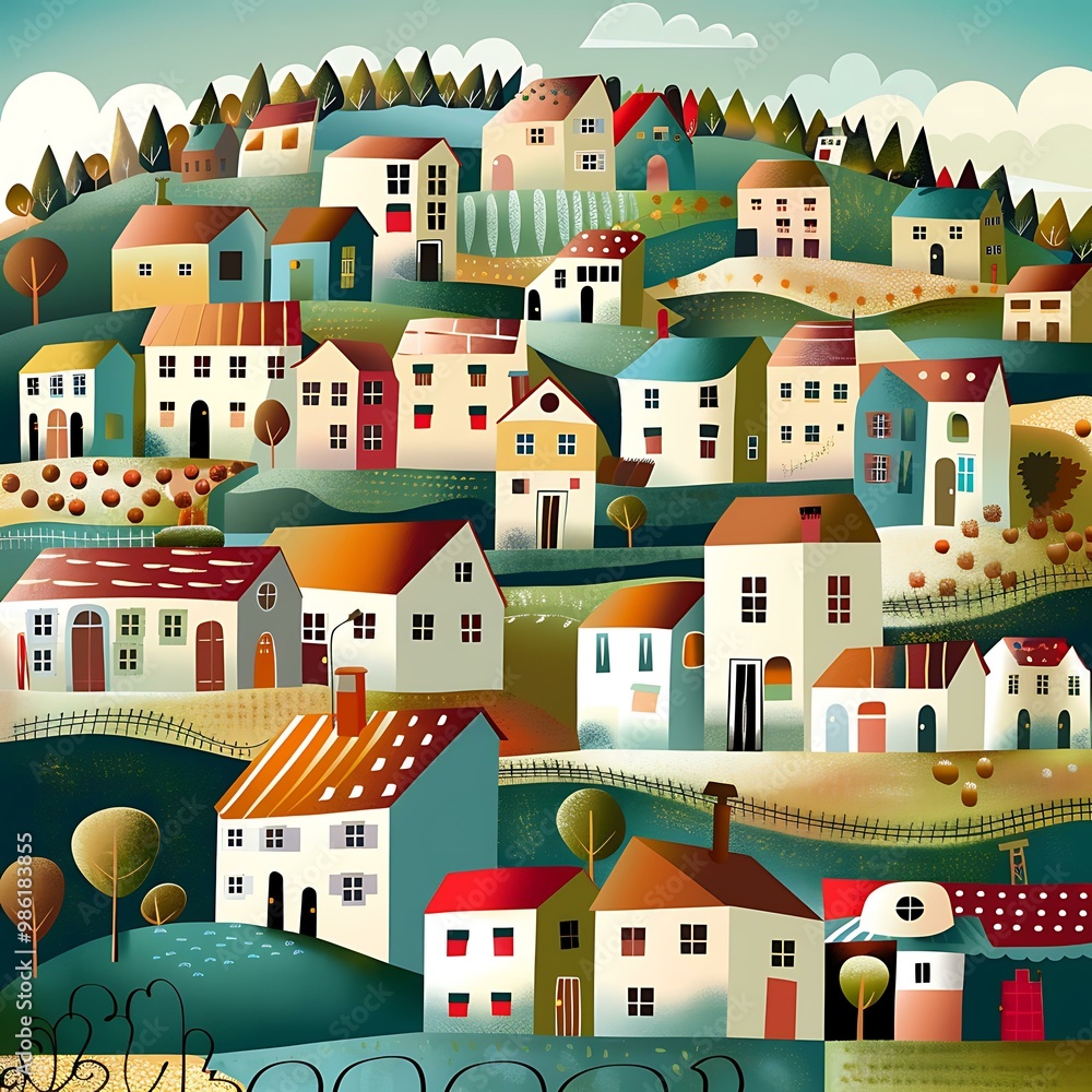 Colorful Illustration of a Small Town with Houses on Rolling Hills Colorful Illustration of a Small Town with Houses on Rolling Hills
