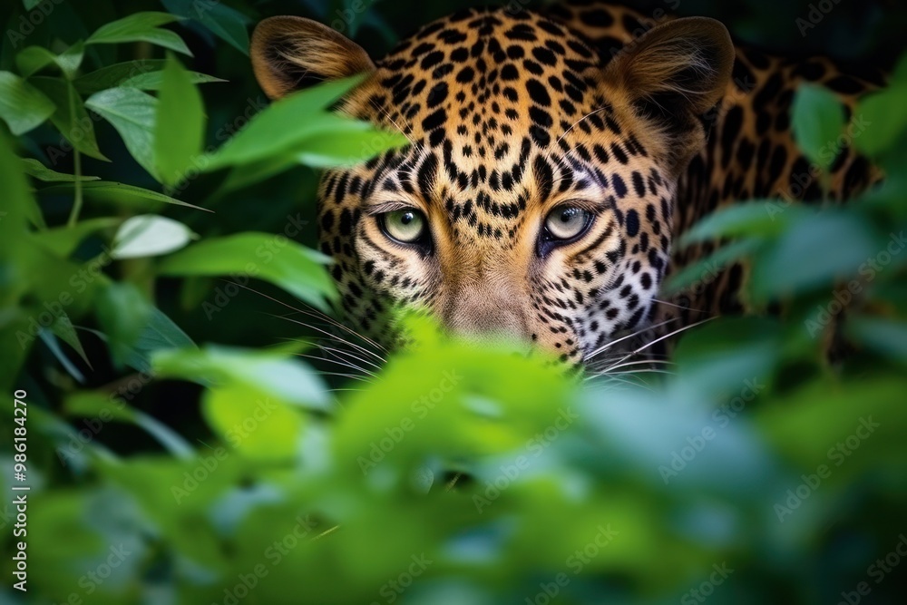 A stealthy leopard silently stalking its prey through dense jungle foliage, its eyes gleaming with predatory intent. A stealthy leopard silently stalking its prey through dense jungle foliage, its eyes gleaming with predatory intent.