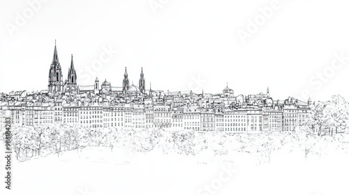 Clermont, Ferrand, black and white pen pencil hand-drawn effect drawing illustration for travel poster, card, wallpaper, backdrop or banner. Modern, clear, artistic and simple