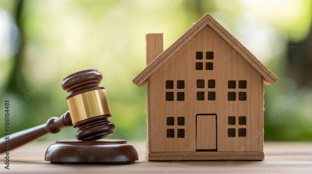 Wooden house model with gavel on a wooden surface, a blurred green background. Wooden house model with gavel on a wooden surface, a blurred green background.