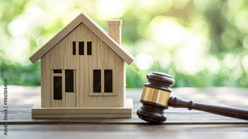Wooden house model and gavel on a wooden table with a blurred green background. Wooden house model and gavel on a wooden table with a blurred green background.