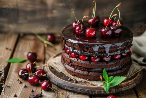Chocolate cake with berries, strawberries and cherries. cake on a dark brown background. copy space. MZ 