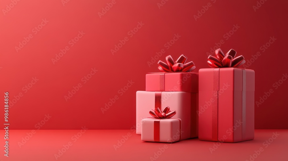 Red and pink gift boxes with red ribbon bows on a red background. Red and pink gift boxes with red ribbon bows on a red background.