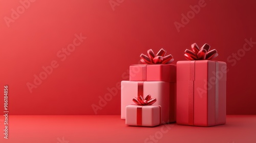 Red and pink gift boxes with red ribbon bows on a red background.