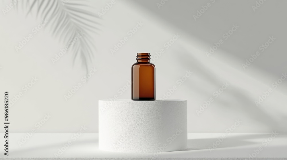 Minimalist product display with brown glass bottle on white podium.