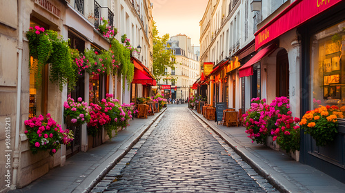 street in Paris, with quaint cafes and flowering balconies. ai generated.