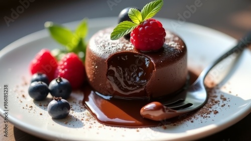 Generative AI, a chocolate cake with berries and powdered sugar on a plate with a spoon and a spoonful of sugar, professional food photography, a stock photo, rococo 