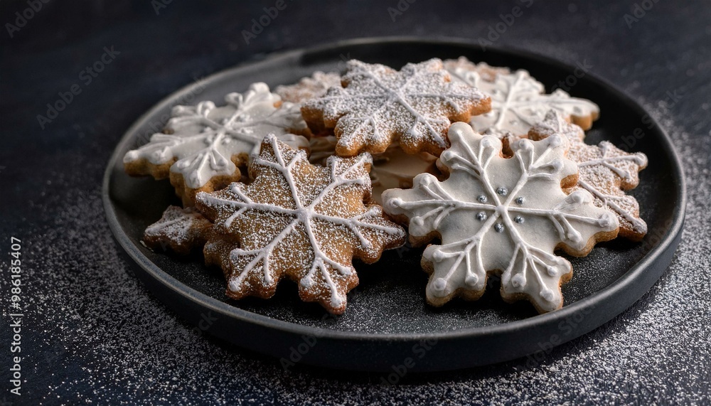 A plate of delicate, sugar-dusted snowflake-shaped cookies A plate of delicate, sugar-dusted snowflake-shaped cookies