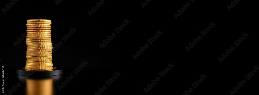 Stack of shiny gold coins with blank copy space on dark background for finance concept Stack of shiny gold coins with blank copy space on dark background for finance concept