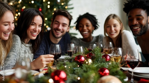 Happy and diverse group of friends celebrating the holidays at dinner. transparent background