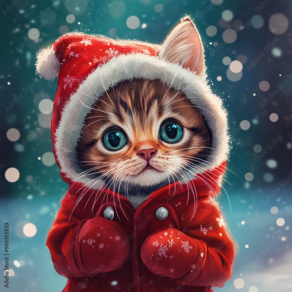 Kittens in Christmas costumes on a festive background. Happy Christmas background. Cute kitten on a Christmas background in a cute costume. AI Generative. Kittens in Christmas costumes on a festive background. Happy Christmas background. Cute kitten on a Christmas background in a cute costume. AI Generative.