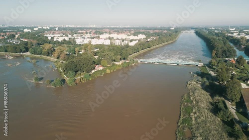 Opatowicki and Bartoszowicki weirs on the Odra River in Wroclaw during the floods in Poland in September 2024 photo