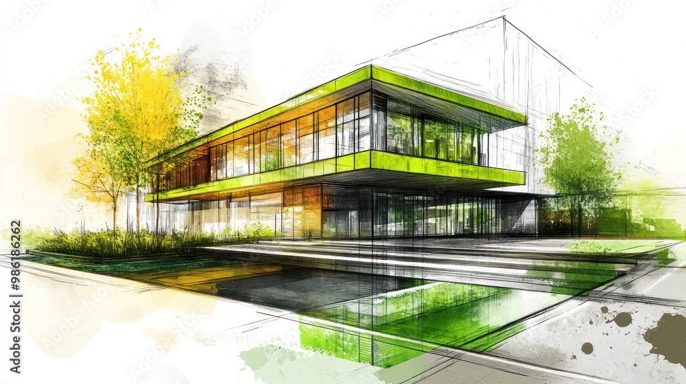 Modern building with green roof and reflection in a pond with trees surrounding the structure, all depicted in an abstract sketch style. Modern building with green roof and reflection in a pond with trees surrounding the structure, all depicted in an abstract sketch style.