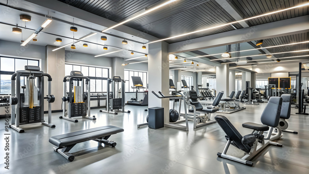 Gym equipment setup with various health machines in a fitness center, fitness, exercise, workout, gym, health Gym equipment setup with various health machines in a fitness center, fitness, exercise, workout, gym, health