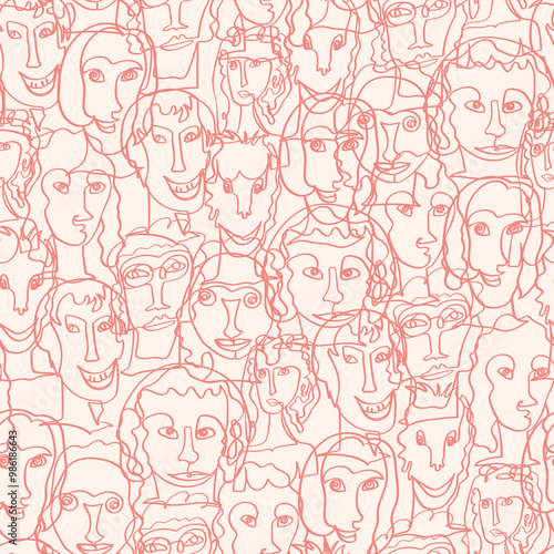Seamless background with funny faces of anthropomorphic creatures. Humorous characters with different emotions