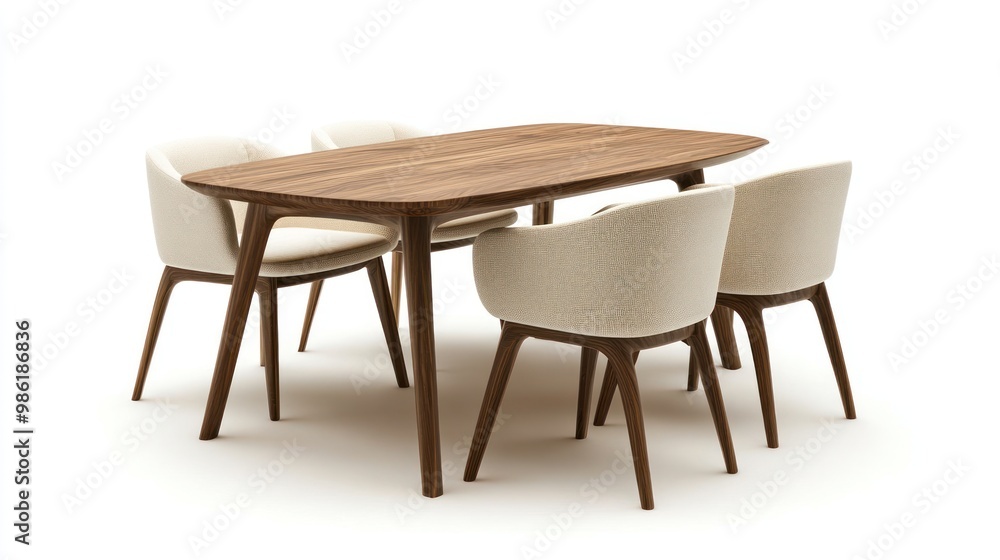 Modern wooden dining table and chairs set on white background. Modern wooden dining table and chairs set on white background.