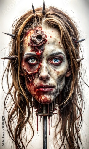 Chilling Halloween Zombie with Ripped Blood Soaked Flesh Impaled on a Spike Graphic Resource for Spooky halloween background posters and halloween parties